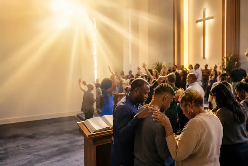 Three people in a warm, supportive conversation inside Shekinah New Beginning Ministries, showing care, guidance and community connection.