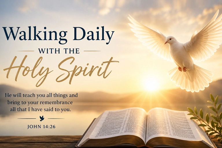 Christian devotional about walking daily with the Holy Spirit with an open Bible and sunrise.